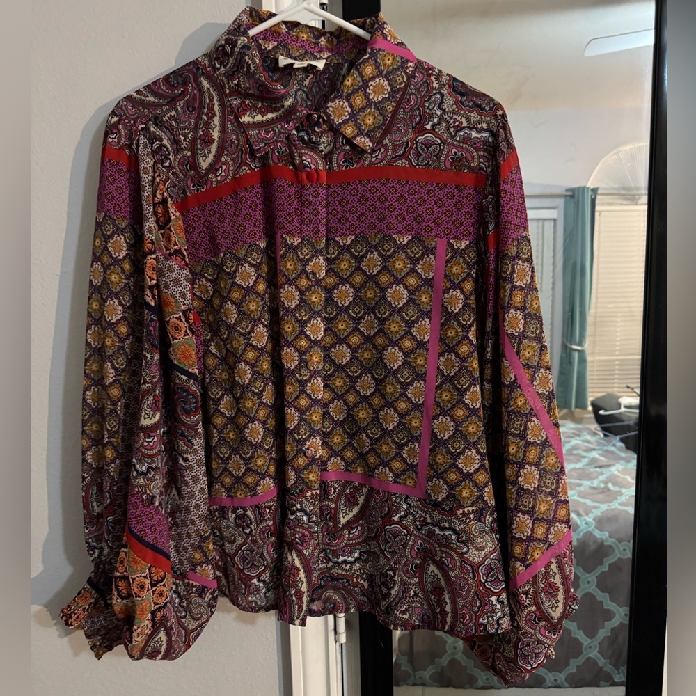 EEUC❤️THREE BIRD NEST❤️ Paisley Garden Button Up Top PINK Blouse size M - Picture 3 of 11